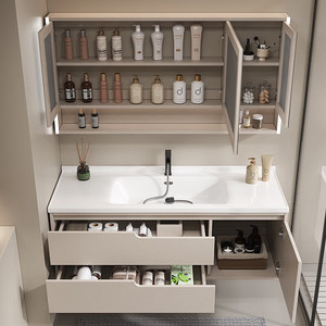 Meuble de salle de bain en bois massif style crème avec lavabo intégré en céramique - Product Image 5