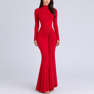 <span class=keywords><strong>Abito</strong></span> <span class=keywords><strong>Lungo</strong></span> Estivo Casual di Alta Qualità Personalizzato, Maniche Lunghe, Tinta Unita, Tessuto Intrecciato, Orlo a <span class=keywords><strong>Balze</strong></span> Rosso per Feste - Product Image 6