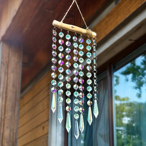 1pc kaca warna-warni Suncatcher kristal angin lonceng gantung ornamen dengan liontin kayu untuk jendela & kamar dekorasi - Product Image 2