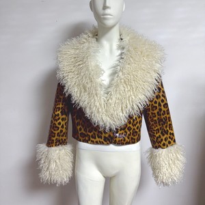 RX Fourrures Moelleux PU Survêtement Femmes Recadrée Imitation Mongole Col De <span class=keywords><strong>Fourrure</strong></span> D'agneau et Poignets Faux Faux Cuir <span class=keywords><strong>Veste</strong></span> Polaire Manteau - Product Image 6