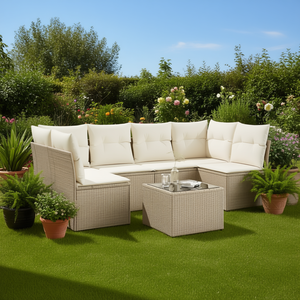 ชุดโซฟาหวายสีเบจสำหรับสวน 6 ที่นั่ง เฟอร์นิเจอร์กลางแจ้ง ดีไซน์ร่วมสมัย ทนทาน โครงเหล็ก - Product Image 2