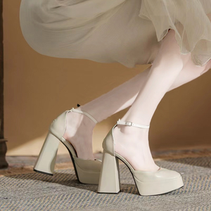 Sandalias de tacón grueso de 12 cm blancas 2025, elegantes zapatos de plataforma Mary Jane, zapatos de mujer modernos, cuñas para exteriores, zapatos de fiesta - Product Image 2