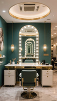 Établi de miroir LED double face de salon de coiffure de luxe haut de gamme, conception de table de vanité double face personnalisée pour les salons de coiffure