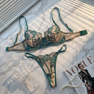 Conjunto de lencería de talla grande para mujer, con sujetador de malla transparente con bordado floral verde y tanga, con aros, cómodo y sensual. - Product Image 1
