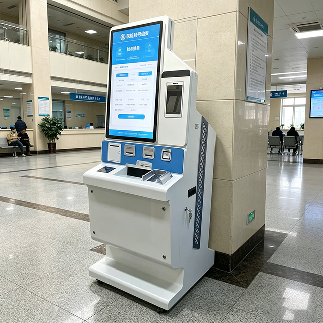 Custom 43-inch Floor-Standing Hospital Payment Kiosk for Patient Registration and Payment Featuring RFID and NFC Card Readers