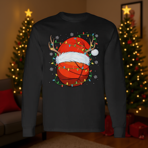Santa Basketball Ball Xmas Lights Camiseta navideña de manga larga con diseño de baloncesto - Product Image 3