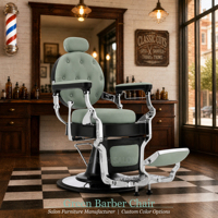 Fauteuil de Barbier Moderne Vert avec Cadre Argenté, Pompe Hydraulique Robuste, Pivotant à 360 Degrés, Idéal pour Salons de Coiffure, Écoles et Instituts de Beauté