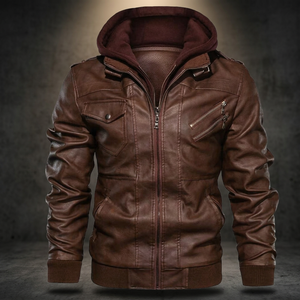 Factory Wholesale Autumn Fashion <b>Men</b> Racer Motorcycle PU <b>Leather</b> Plus Size Hooded <b>Jacket</b> Breathable Fleece Lining Zipper - Product Image 3
