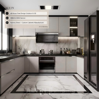 Meubles de cuisine ALVIN en forme de L, finition brillante, gris clair, avec étagère à vin LED, comptoir en marbre, armoire de rangement en gros