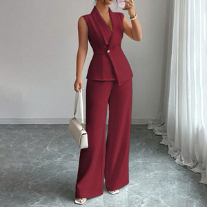Conjunto de Pantalones y Blusa sin Mangas con Cuello en V, Transpirable, de Spandex/Poliéster, Elegante e Informal para el Trabajo, para Mujer, Regalos IStapromo de Verano - Product Image 1