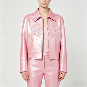 Veste en cuir brillant pour <span class=keywords><strong>femme</strong></span> OEM, style motard, effet <span class=keywords><strong>ciré</strong></span>, avec logo gaufré et patch brodé, idéale pour le printemps et l'été - Product Image 4
