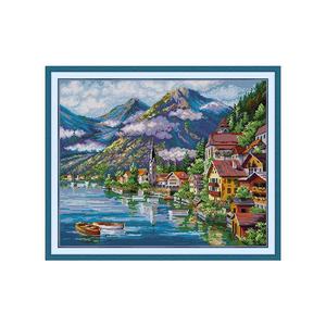 Kit de broderie au point de croix fait main style lac européen Alpes Montagne Village pour débutants – Idéal pour l'art décoratif de salon - Product Image 1