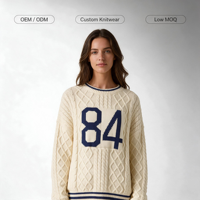 Pull en maille torsadée personnalisé avec motif diamant, col rond, rayures contrastées, numéro 84, OEM ODM, crème marine, vente en gros