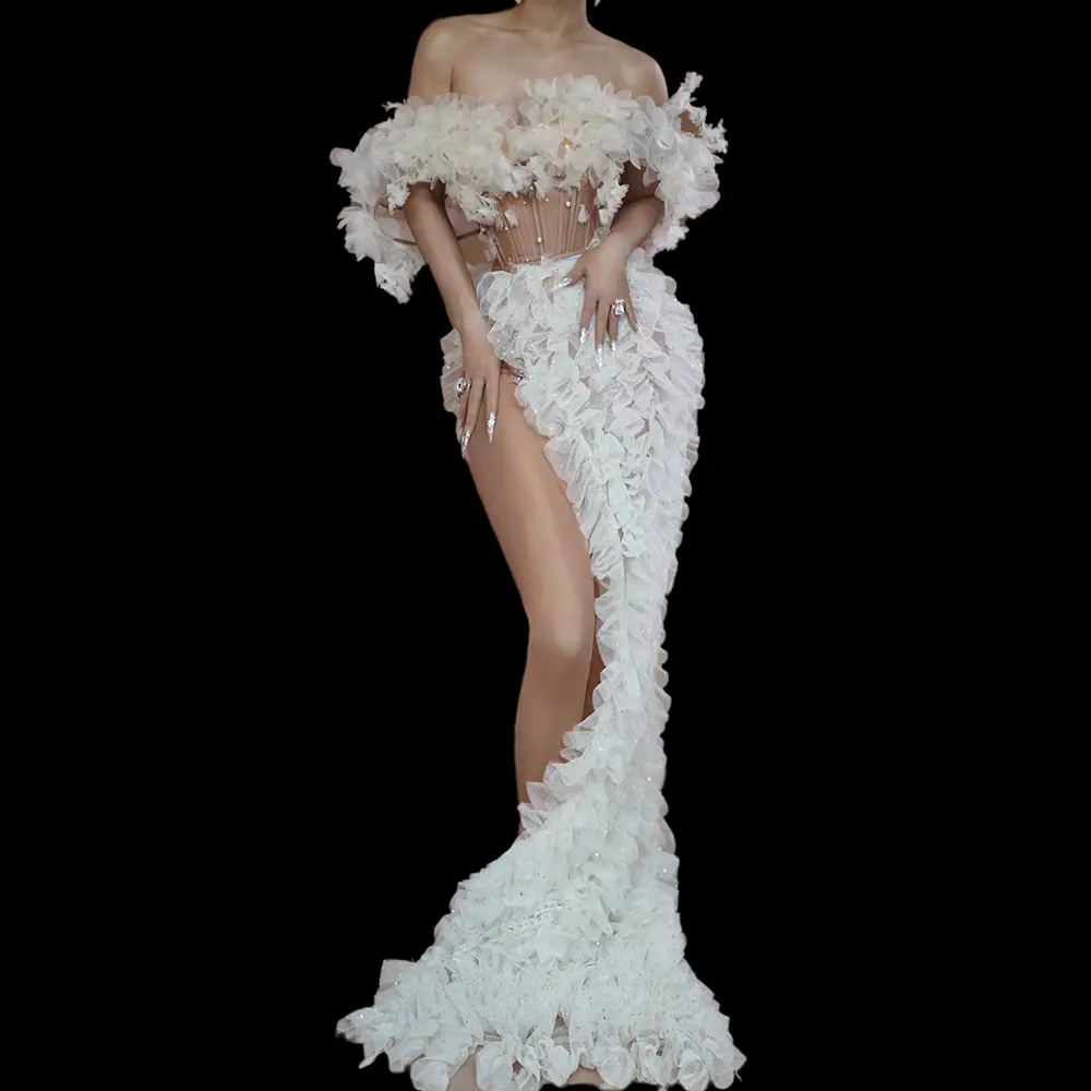 Robe de soirée élégante avec perles fendue sur les épaules jupe longue robe formelle d'anniversaire de mariage robes de soirée sexy pour femmes