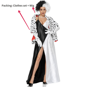 Adultes <span class=keywords><strong>Dalmatien</strong></span> Cosplay Costumes Blanc Noir Diable Sorcière Cruella Cos Robe Avec Châle Perruque Set Movie Cos - Product Image 4