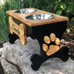 ODM OEM Custom Pine Wood <b>Raised</b> <b>Dog</b> <b>Bowl</b> Feeder Engraved Name Bone Paw Personalized Wood Stand Stainless Steel Pet <b>Bowls</b> Charge - Product Image 1