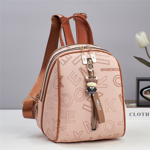 Cute <b>Women's</b> Black Letter Pattern <b>Backpack</b> with Zipper Closure and Cow Charm Keychain <b>Small</b> Capacity Daily Use Shoulder Bag - Product Image 3