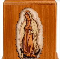 Urne funéraire en bois pour animaux de compagnie avec incrustation Notre-Dame de Guadalupe, religieuse, catholique, verticale, pour cendres de chien ou de chat, souvenir commémoratif