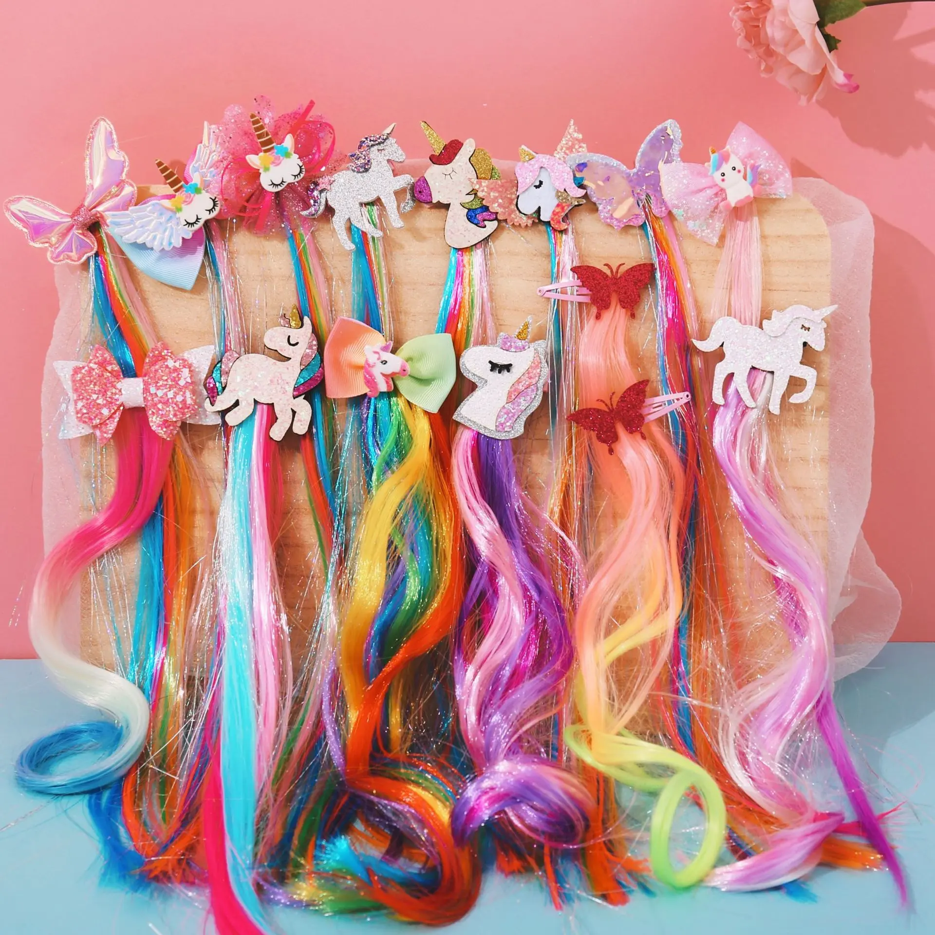 Penjualan terlaris anak-anak lucu busur Unicorn lurus ornamen rambut Wig berwarna-warni kepang klip rambut untuk anak perempuan