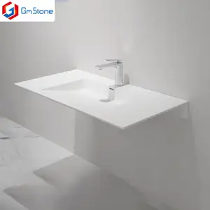 GM Guangzhou diseño moderno Popular nuevo lavabo de baño Rectangular superficie sólida colgada en la pared con montaje de grifo de un solo orificio