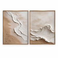 Lot de 2 tableaux en toile 3D relief beige sable, motif vague océanique, diptyque pour décoration de spa, hôtel, chambre et salon