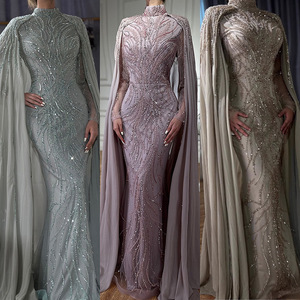 Verde salvia per la collina serena LA72413A elegante collo alto da donna con sirena di Design con perline mantello lungo lungo fino al pavimento sera festa naturale - Product Image 6