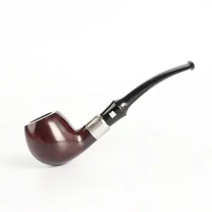 MUXIANG Classical Wooden Tobacco Pipe Silver Metal Ring Bent Acrylic Stem Smoking Pipes