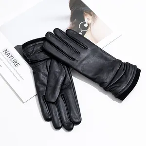 Wholesale Women Fashion Knitted Cuff Ruffle Wrist Style Black Real Sheep Leather Gloves