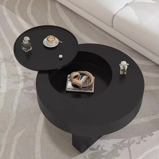 High-End Movable & Rotating Home Coffee Table Black Luxury Light Enhances Small Living Room Feel