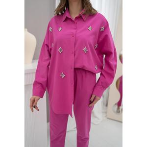 Ensemble de vêtements de nuit en lin classique pour femmes, fuchsia, manches longues, doux, orné, deux pièces - Product Image 1
