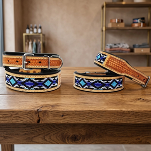 Superior Quality Handmade Padded Leather Dog <b>Collar</b> With Hand Tooled and Beaded Decoration Western Beaded Pet <b>Collar</b> - Product Image 3