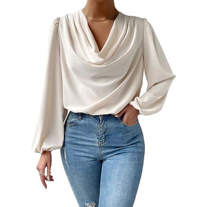 Camicetta da <span class=keywords><strong>donna</strong></span> in chiffon con scollo a V, maniche lunghe, vestibilità ampia, drappeggiata, casual, tipo tunica - Product Image 4