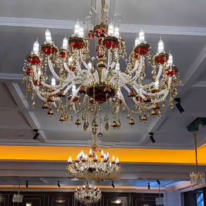 Lámpara de Techo de Cristal con Marco Dorado y Detalles Rojos, Tamaño Grande, para Vestíbulo de Hotel, E27 LED 2700K Blanco Cálido - Product Image 1