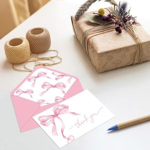 Tarjetas de agradecimiento con lazo rosa, sobres y pegatinas, tarjetas de felicitación en blanco con efecto acuarela, acabado mate elegante, forma rectangular - Product Image 4