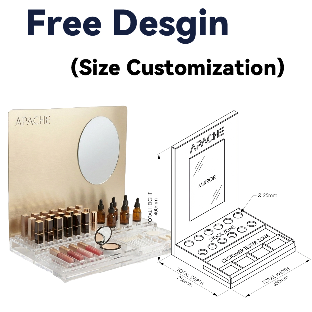 Custom Luxury Modular Makeup Display Stand Countertop Metal Wood Acrylic Cosmetic Retail Boutique Store Brand Tester Unit Apache — view 3
