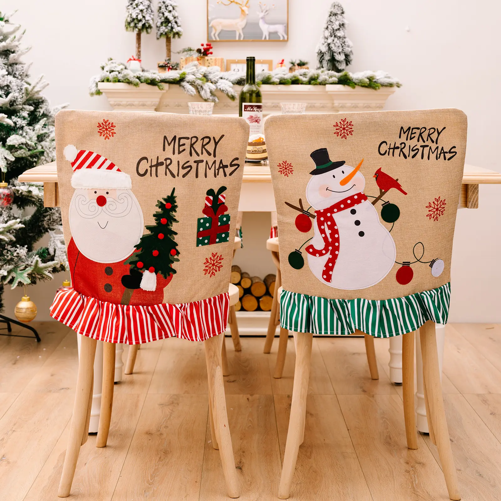 Hot Sale Cartoon Creative Santa Dining Chair Cover Snowman Lined Linen Stool Cover Christmas Chair Back Cover Decor