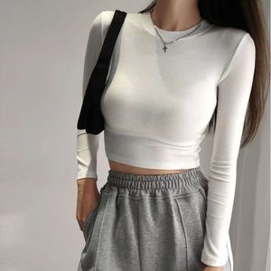 T-Shirt Casual a Maniche Lunghe in Cotone da Donna, Top Corto Aderente a Vita Alta, Primavera Autunno, Stile Europeo Americano, Tinta Unita - Product Image 6
