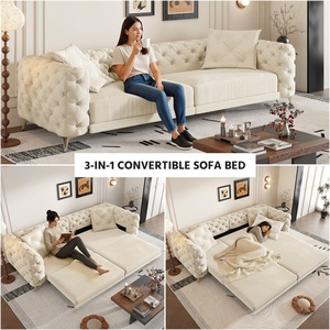 Canapé-lit <span class=keywords><strong>convertible</strong></span> 3-en-1 Chesterfield de luxe beige et blanc de 97,7 pouces, avec capitonnage fait main, pour la maison - Product Image 6
