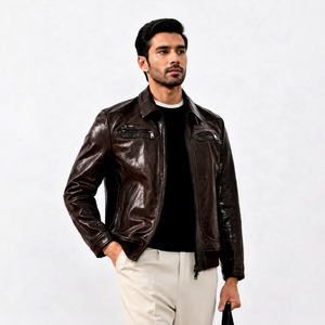 Men Genuine Leather Winter Streetwear <b>Jacket</b> <b>Zip</b>-<b>Up</b> Stand Collar Outerwear Waterproof Windproof Breathable OEM ODM Custom - Product Image 1