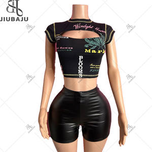 Sexy in <span class=keywords><strong>pizzo</strong></span> 2 pezzi set completo da donna con stampa Top corto traforato + abito corto in pelle - Product Image 2