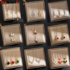 Korean Fashion Stainless Steel Necklace Clover Luxury Collarbone Chain Gourd Bear H Pendant Necklaces Trendy Jewelry For Women