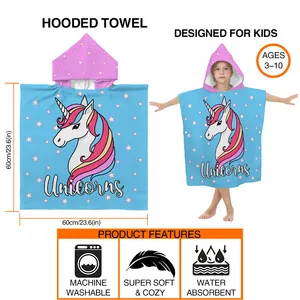 Digital Printing Microfibre Terry Unicorn Summer Wearable Child Surf Beach Hooded Poncho Towel For Kids