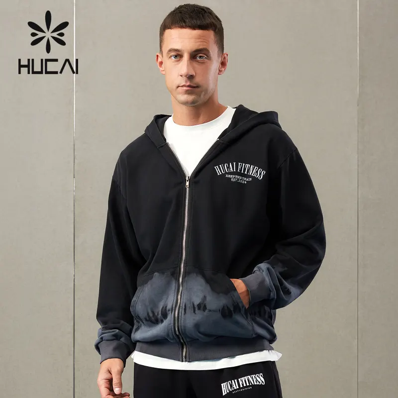 HUCAI personnalisé 100% coton superposition de teinture par cravate impression couleur lavage à l'acide sweat à capuche zippé entraînement gym sweats à capuche de sport pour hommes