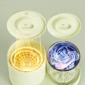 เครื่องซักผ้าและอบผ้าขนาดเล็กแบบสองห้อง ใช้ไฟฟ้ากระแสตรง ตัวเครื่องทำจากพลาสติก สีขาวงาช้างและสีเขียว สำหรับซักชุดชั้นในและถุงเท้า - Product Image 1