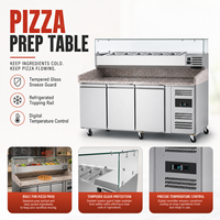 Meja Persiapan Pizza Komersial dengan Top Marmer, Stainless Steel, Pendingin, dan Pelindung Kaca, Dilengkapi Wadah GN