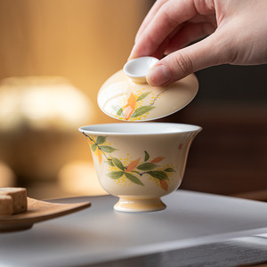 Guanlan Xuan Paper Yellow Hand-painted Gaiwan Porcelain With Lid Kung Fu <b>Tea</b> <b>Set</b> - Product Image 2