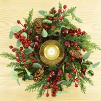 Couronne de Noël porte-bougie 12 pouces avec pommes de pin, baies bleues et feuillage persistant, écologique, faite à la main, centre de table OEM