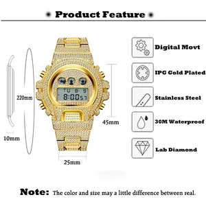Missfox hommes <span class=keywords><strong>montre</strong></span> Hip Hop glacé acier inoxydable multifonctionnel montres numériques luxe diamant <span class=keywords><strong>G</strong></span> Style résistant aux chocs horloge - Product Image 6