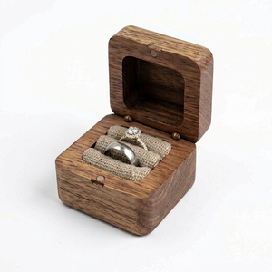 Wooden <b>Ring</b> Box Square Rustic Design 2.0 in D 3.0 in H Open View With Velvet Lining For Jewelry Storage - Product Image 1