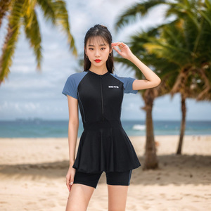 Maillot de bain une pièce Baiya pour femme, style jupe, sportif, color block, amincissant, avec fermeture éclair sur le devant, idéal pour l'entraînement et les centres de villégiature - Product Image 2